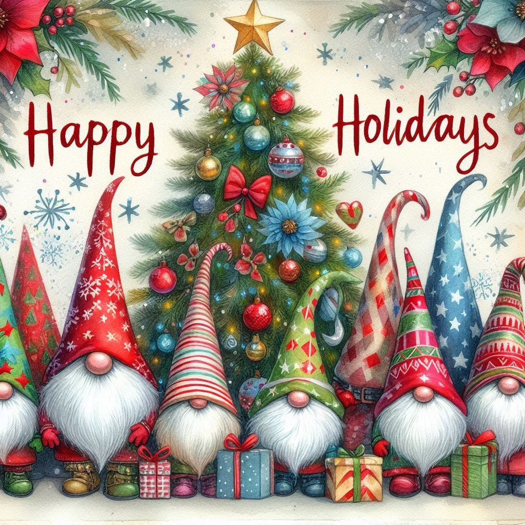 Christmas gnomes in festive hats arranged around decorated tree with ornaments, candy canes and presents