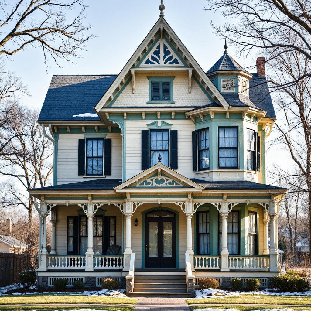 White Victorian house with blue roof and shutters, ornate gables, front porch with columns