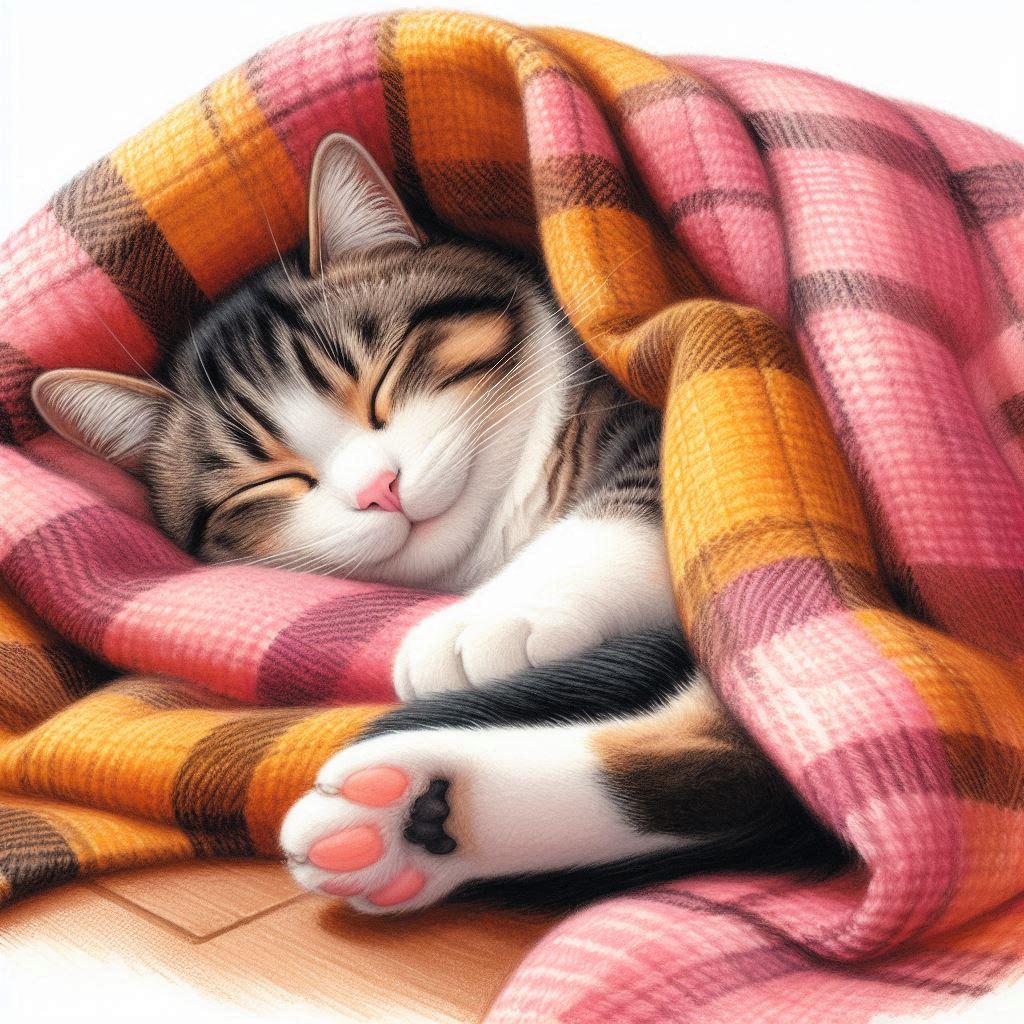 Sleeping tabby cat curled under a pink and orange plaid blanket with one paw showing