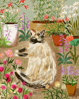 Fluffy cat lying among colorful potted flowers and garden plants in an illustrated garden scene