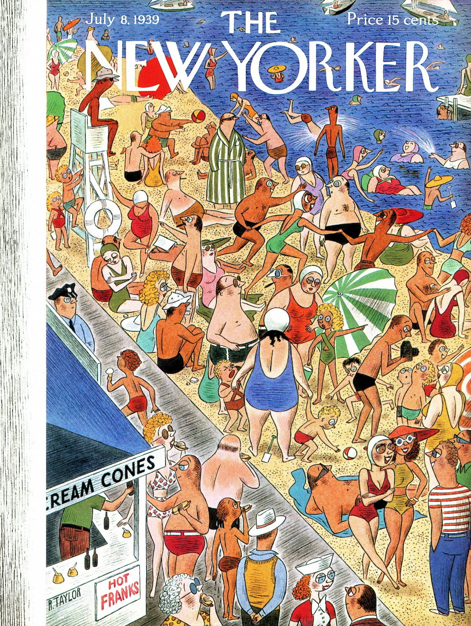 Crowded beach scene illustration with many people in vintage swimwear enjoying summer activities