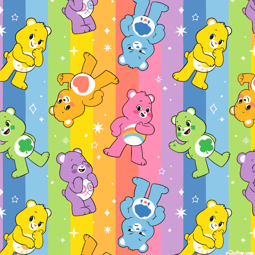 Care Bears characters in repeating rainbow vertical stripe pattern with white stars on pastel background