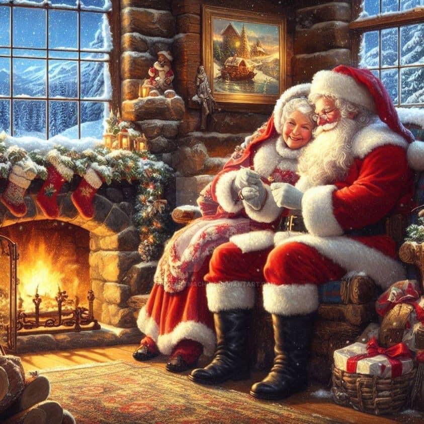 Santa Claus holding child in rustic cabin with fireplace and Christmas tree by snowy windows