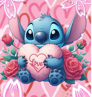 Stitch character holding pink heart pillow with roses on pink background