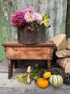 Pink flowers in a metal bucket on a wooden stool with gourds, pinecones, and firewood