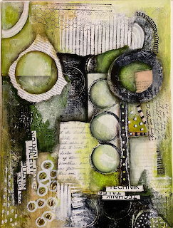 Abstract collage with circles, geometric shapes, and mixed textures in green, black, and white