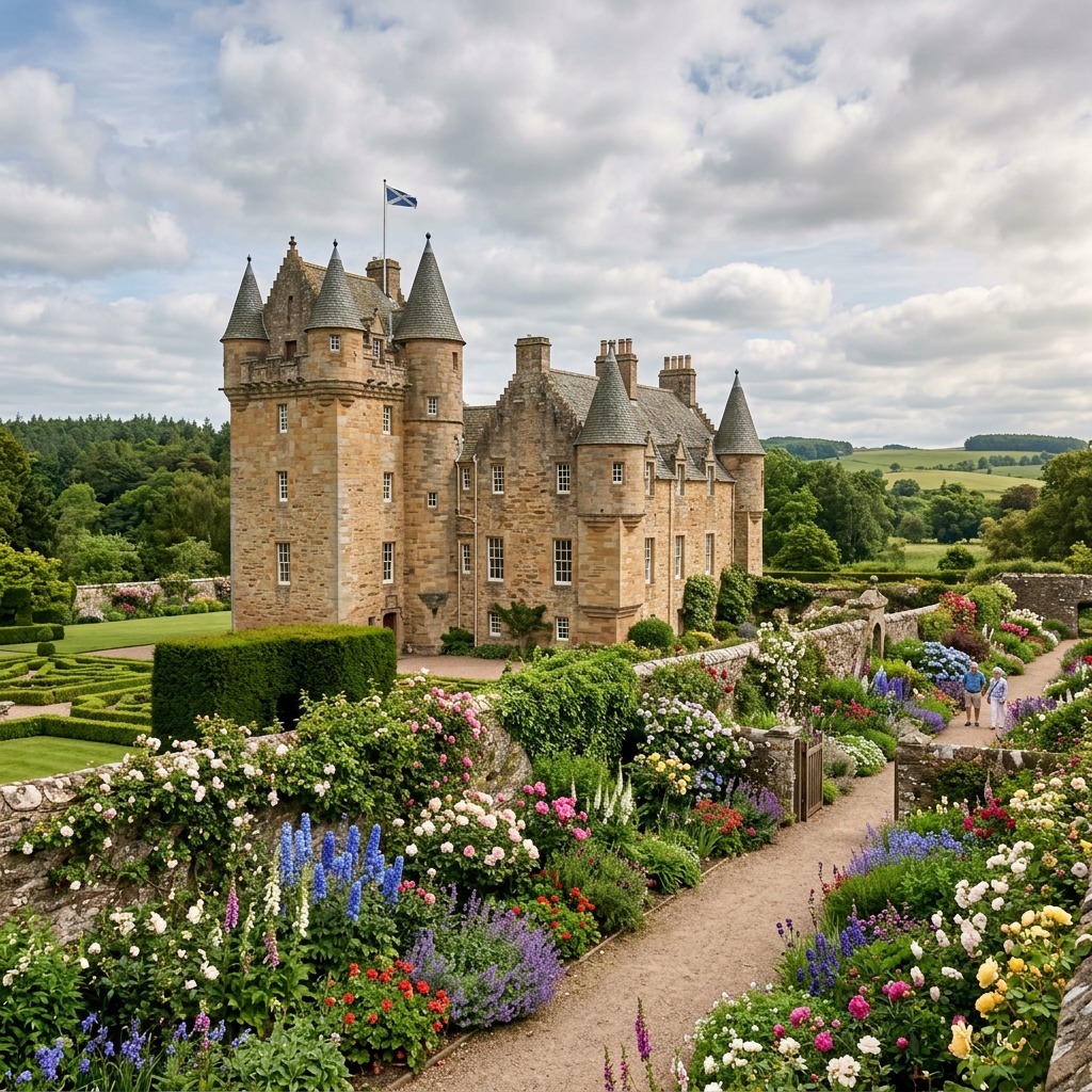 Turreted stone castle behind a colorful flower garden in the Scottish countryside