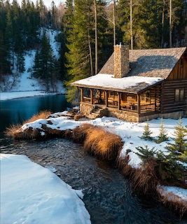 Log cabin beside frozen river with snow and pine trees in winter landscape