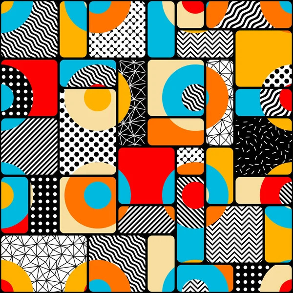 Colorful geometric pattern grid with circles, squares, polka dots, chevrons, and stripes in bold colors