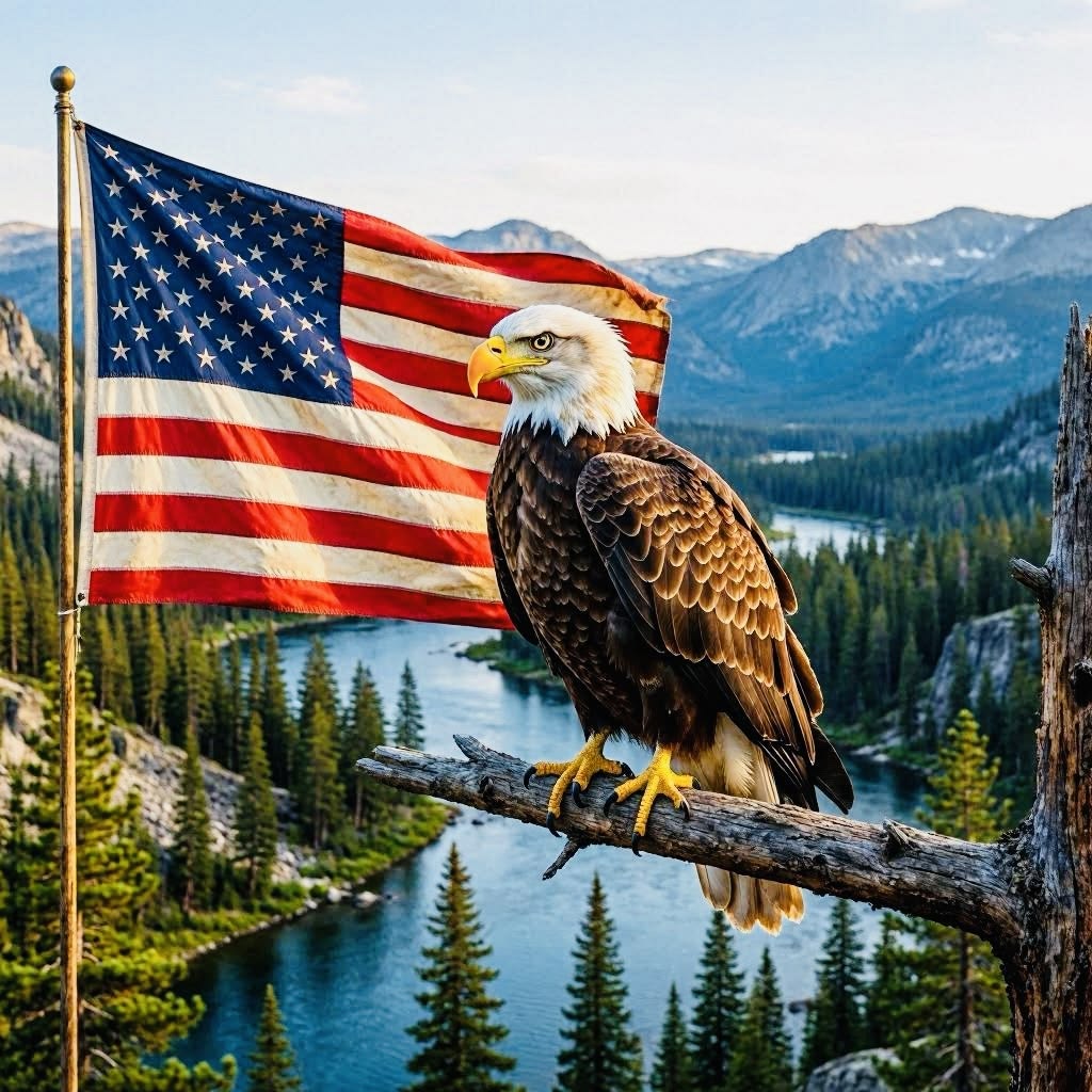 Bald eagle on a branch beside an American flag over a mountain lake and pine forest