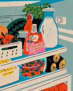 Stylized illustration of open fridge with milk, strawberry drink, plant, eggs and vegetables on shelves
