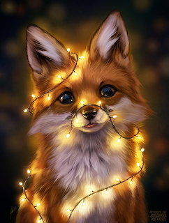 Illustrated red fox wrapped in glowing string lights on a dark background