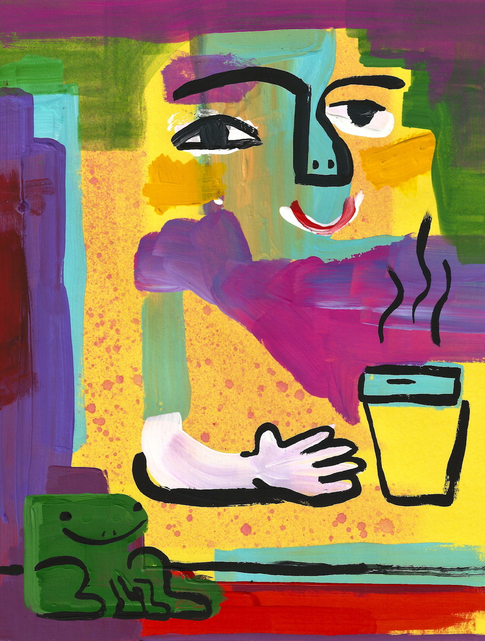 Abstract cubist painting of person in purple holding yellow teacup with steam rising