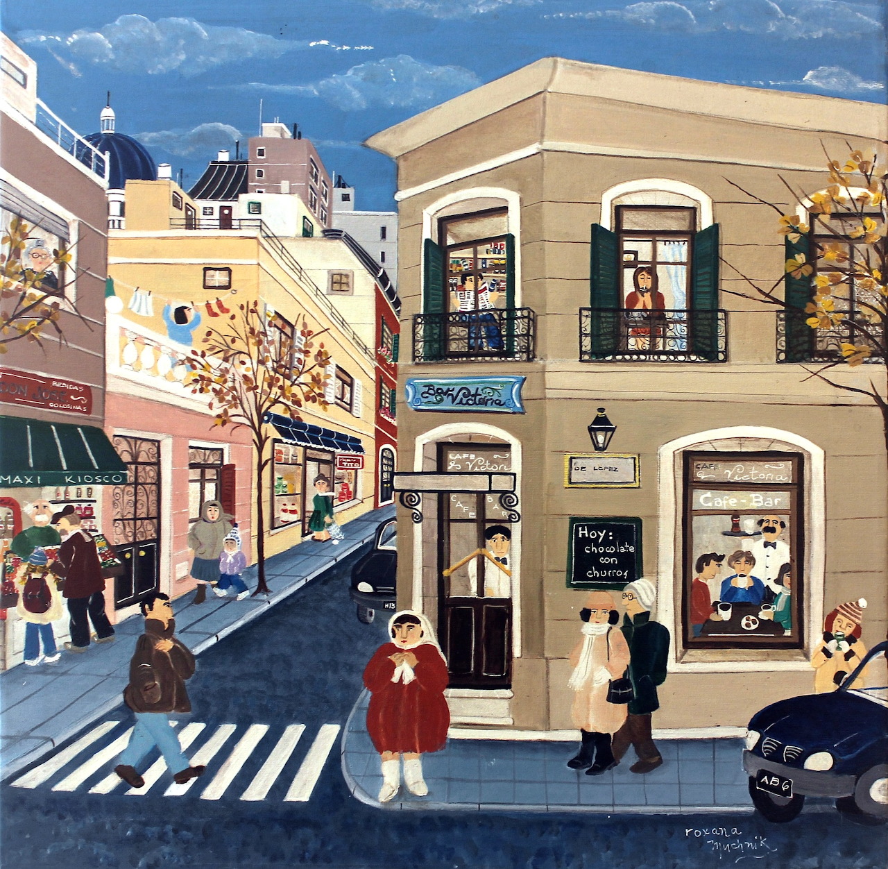 Naive folk art painting of Buenos Aires street scene with pastel buildings, shops, people walking, and zebra crossing