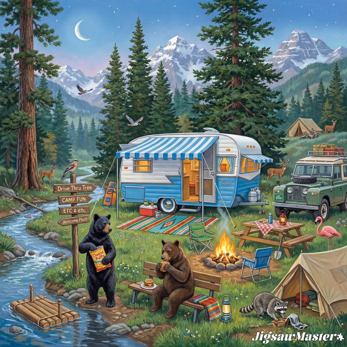 Illustration of a forest campsite with a camper, campfire, bears, tents, and mountains at night