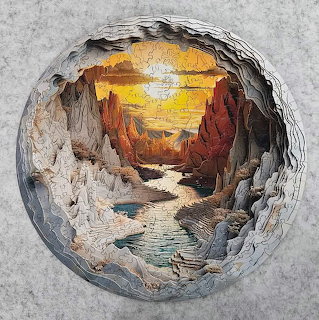 Circular layered paper-cut canyon scene with a glowing moon or sun over a river valley