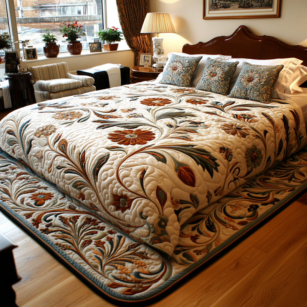 Warm bedroom interior with a large bed covered in a floral patchwork quilt and matching pillows