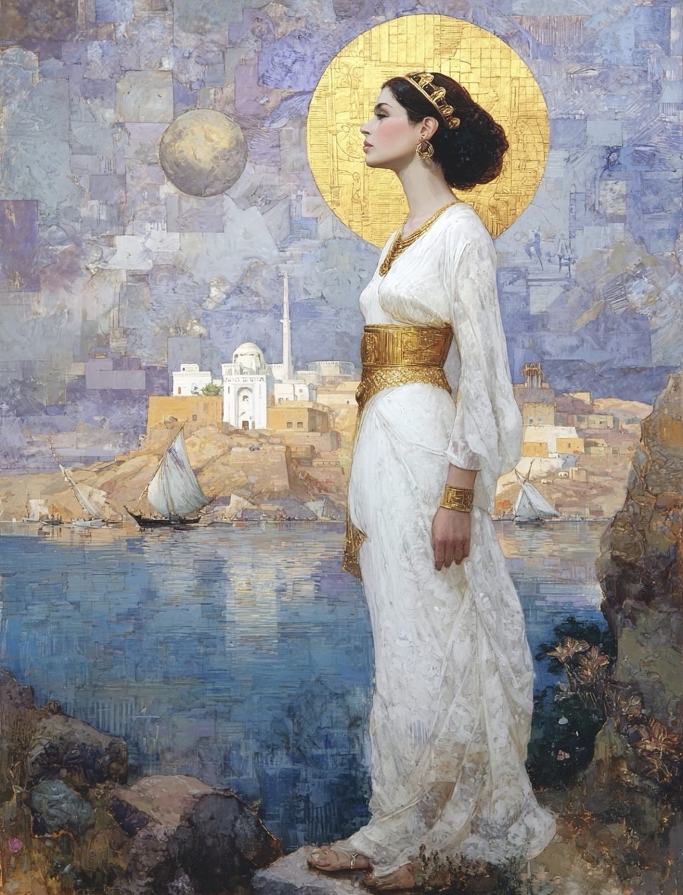 Painting of a haloed woman in a white dress standing by water near a small village