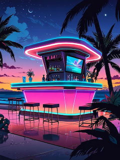 Neon-lit futuristic beach bar with palm trees against pink and blue sunset sky in vaporwave aesthetic