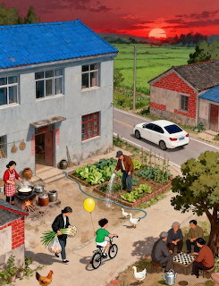 Family members of various ages in a courtyard between houses with garden, playing children, and rural sunset scenery