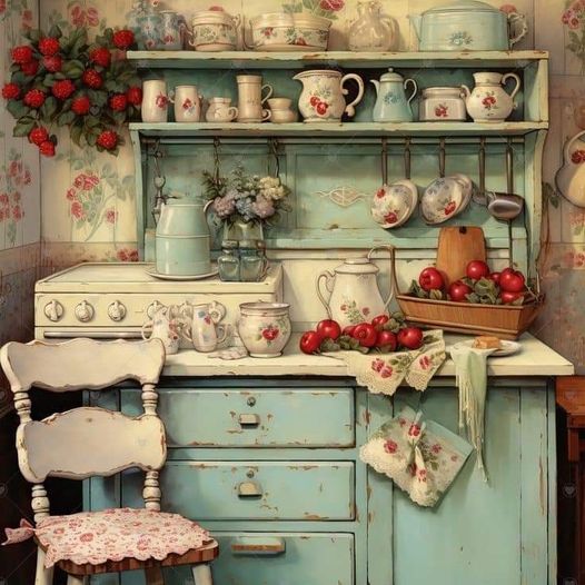 Vintage mint green farmhouse hutch with floral dishes, strawberries, and cottage decor