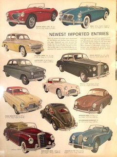 Vintage illustration of multiple classic imported cars arranged on a cream background