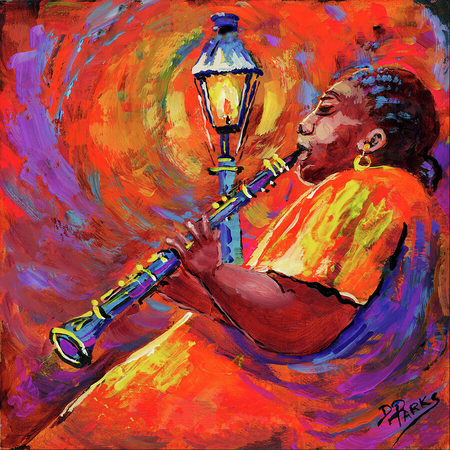 Colorful painting of woman in orange shirt playing clarinet near vintage street lamp against swirling warm background