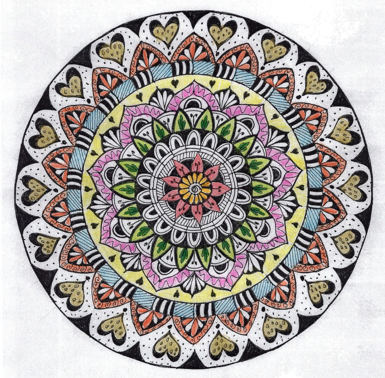Detailed circular mandala with concentric rings of colorful symmetrical floral and geometric patterns