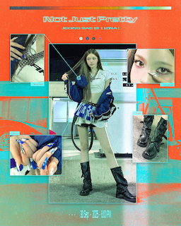 K-pop idol Jeong Saebi from IZNA in a stylish blue outfit on a vibrant promotional poster collage