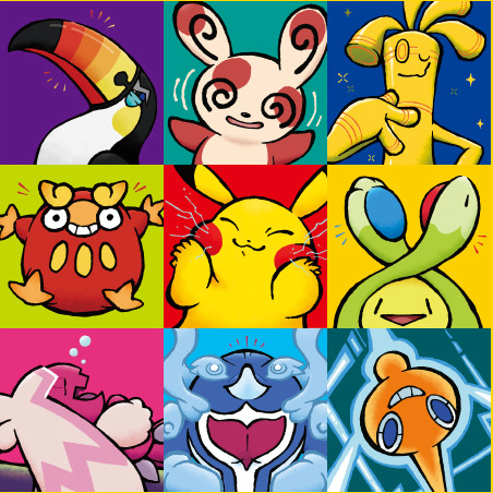Grid of nine colorful Pokemon characters in cartoon style