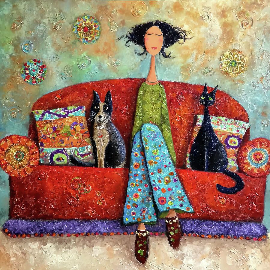 Folk art painting of woman on red couch with two cats surrounded by decorative flowers and patterns