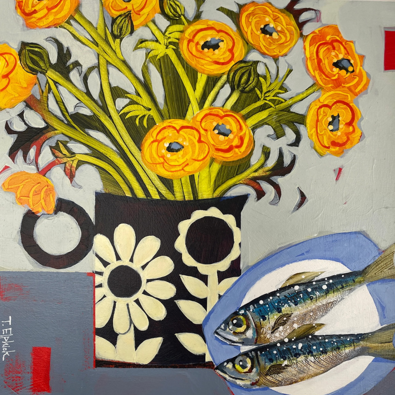 Still life painting of yellow flowers in a black vase beside two fish on a blue plate
