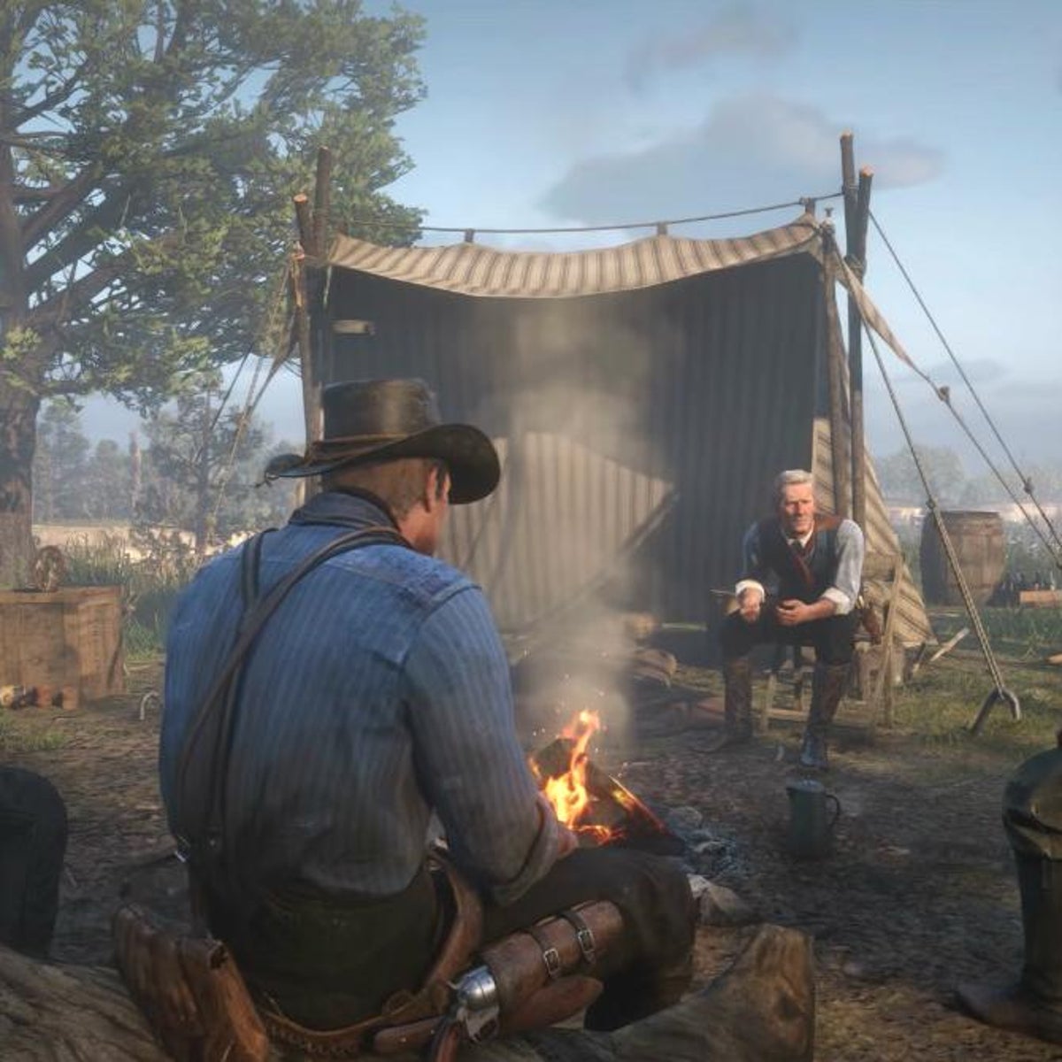 Cowboy sitting by a campfire beside a tent in a rustic outdoor camp scene