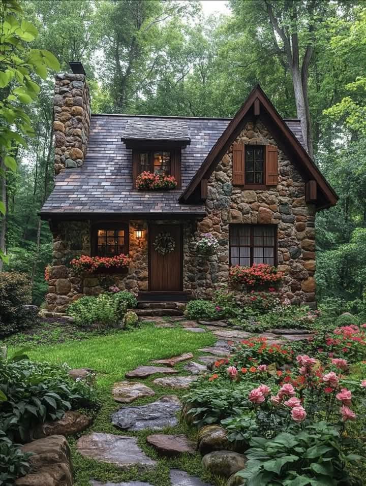 Quaint stone cottage with slate roof, flower boxes, and stone path surrounded by green forest and pink flowers