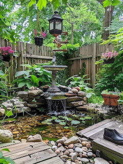 Backyard garden with stone fountain flowing into a small pond surrounded by lush greenery and a wooden fence