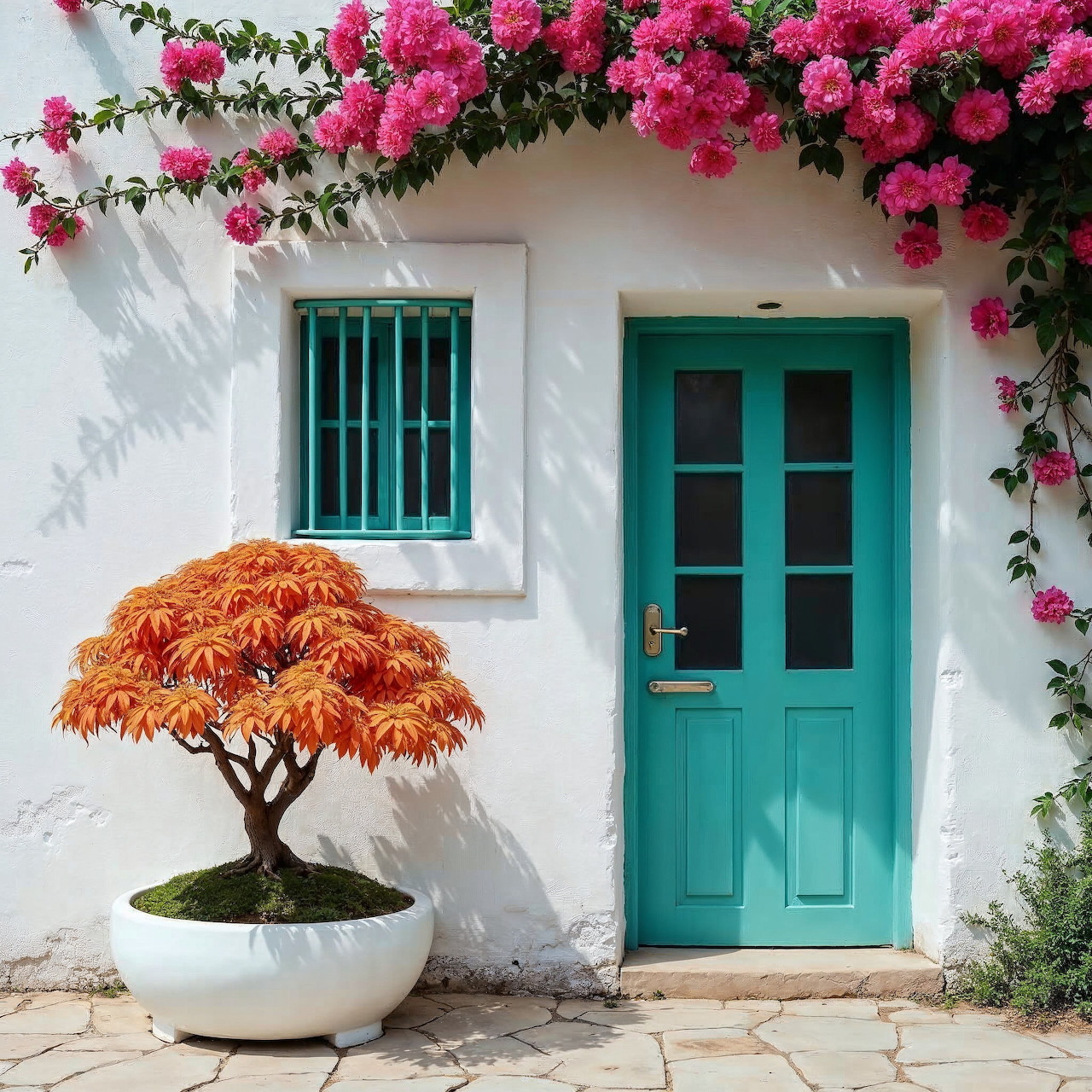Turquoise door on white wall with pink flowering vine arch and orange bonsai tree