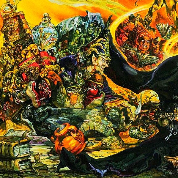 Fantasy art showing wizards and magical creatures in a vibrant, swirling scene with orange and green colors