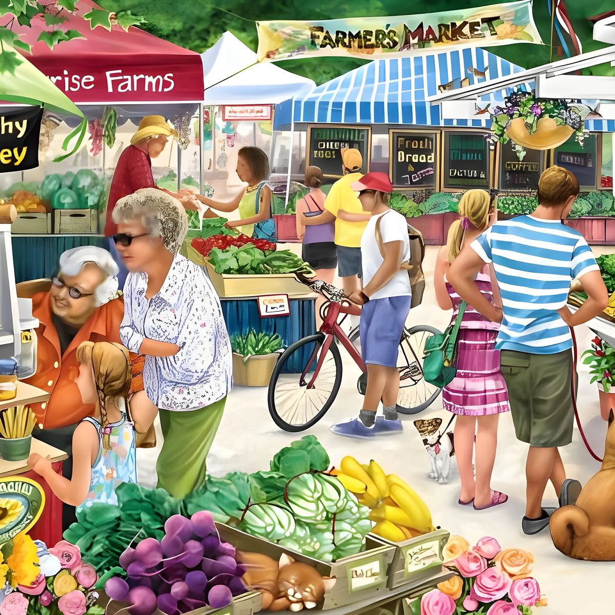 Illustrated farmers market with shoppers, vegetables, flowers, and stalls outdoors