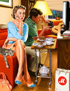 Woman talking on phone and man with drink relaxing on orange couch in living room with striped cat