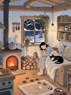 Illustration of a girl holding a cat on a couch by a fireplace with black and white cat, snowy night outside