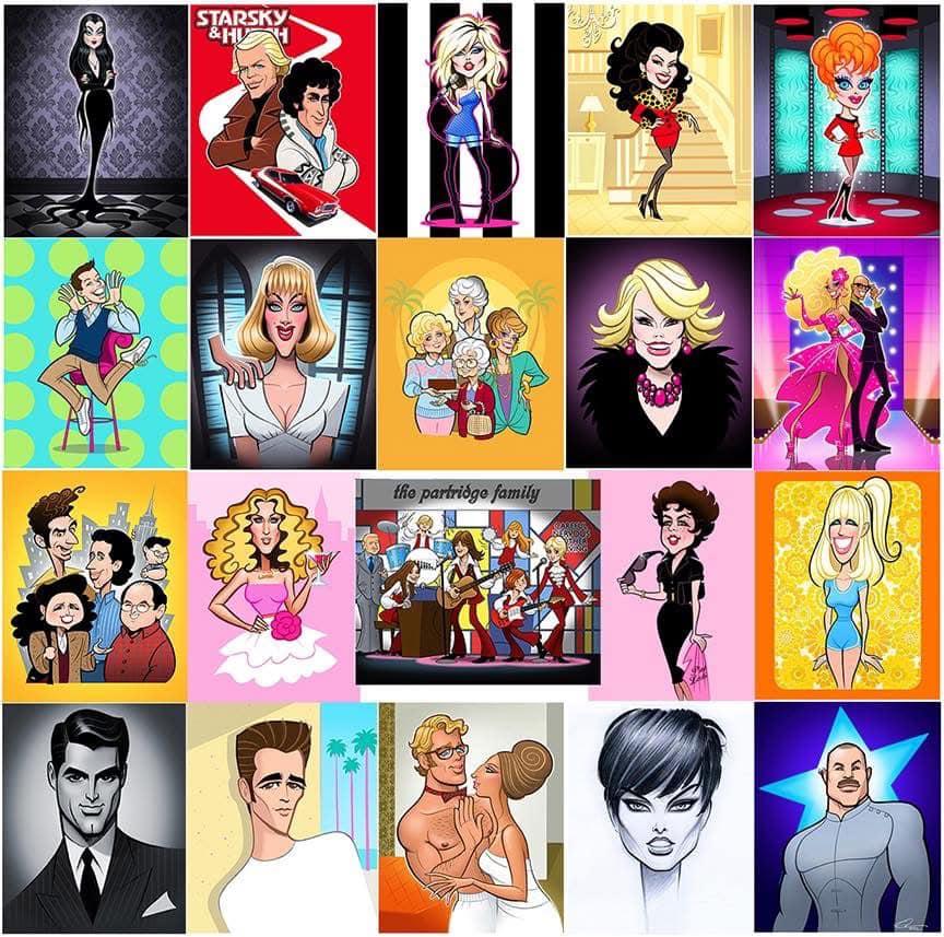Grid collage of colorful celebrity-style caricature illustrations and cartoon portraits
