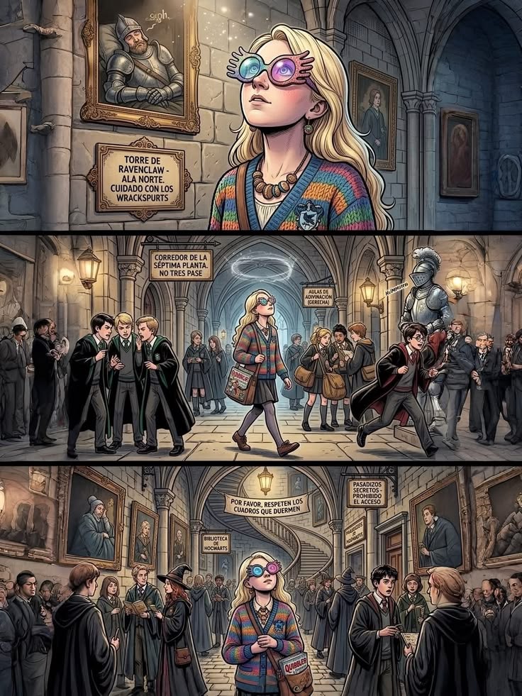 Comic illustration of Luna Lovegood in spectrespecs walking through crowded Hogwarts corridors