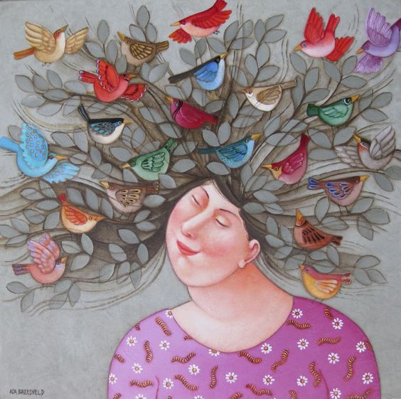 Painting of a smiling woman with hair made of branches, leaves, and colorful birds