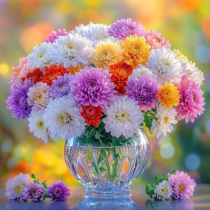 Colorful aster flowers in various shades arranged in a decorative glass vase with blurred floral background