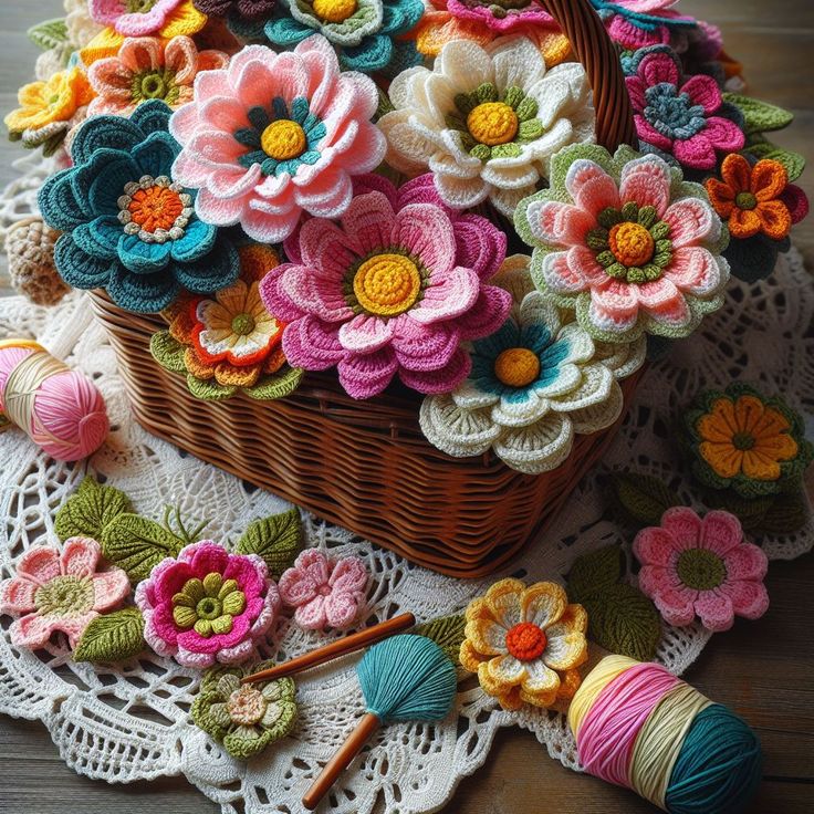 Basket of colorful crocheted flowers on a lace tablecloth with yarn and crochet hooks
