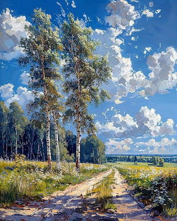 Impressionist painting of a sunny dirt road through birch trees with blue sky and clouds