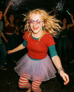 Woman in colorful Luna Lovegood cosplay costume dancing at party with striped stockings and whimsical glasses