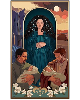 Woman in teal gown framed by arch with flowers and two reading figures in illustrated style