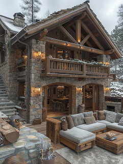 Rustic log cabin with stone base, wooden balcony, and patio seating in winter mountain landscape