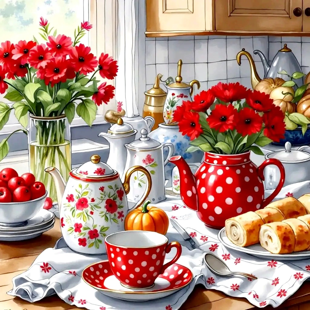 Painted kitchen still life with red poppies, teapots, cups, apples, and pastries on a table
